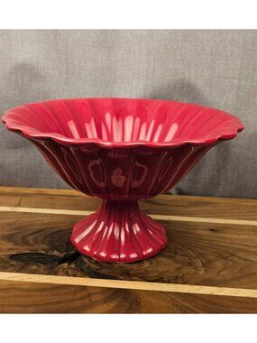 Vintage Red Ceramic Pedestal Bowl With Scalloped Edges - Decorative Centerpiece
